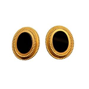 Karl Lagerfeld Collection Brushed Gold & Black Stone clip earrings Circa 1980's